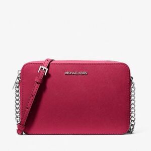 Michael Kors Jet Set Large Saffiano Leather Crossbody Bag In Dark Raspberry New